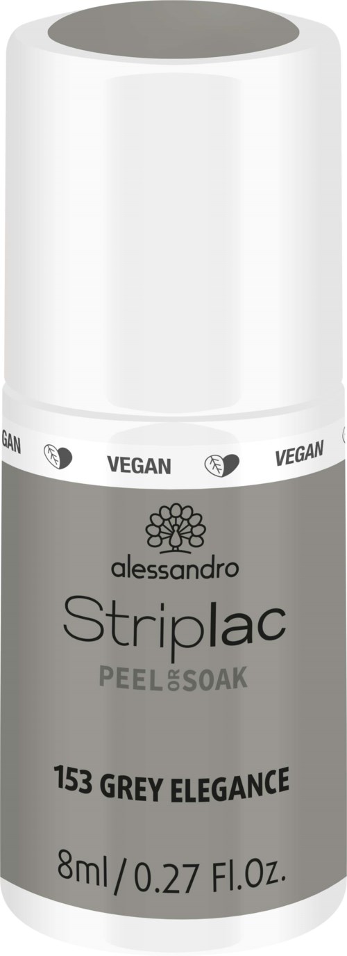 En hudvårdsprodukt i en vit och grå flaska märkt 'alessandro Stratipac Peel & Soft 153 Grey Elegance,' 8 ml, vegansk.
