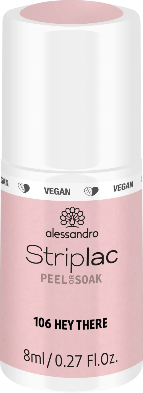 En liten rosa och vit flaska märkt 'alessandro Striplac Peel & Soak' med numret '106 Hey There.'