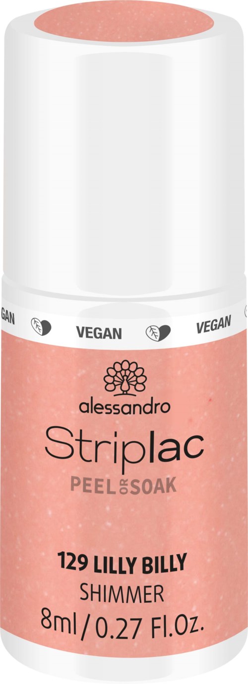 En lyserød beholder af Alessandro Striplac Peel & Soak med vegansk og shimmer mærkning, 8 ml størrelse, kaldet Lilly Billy.