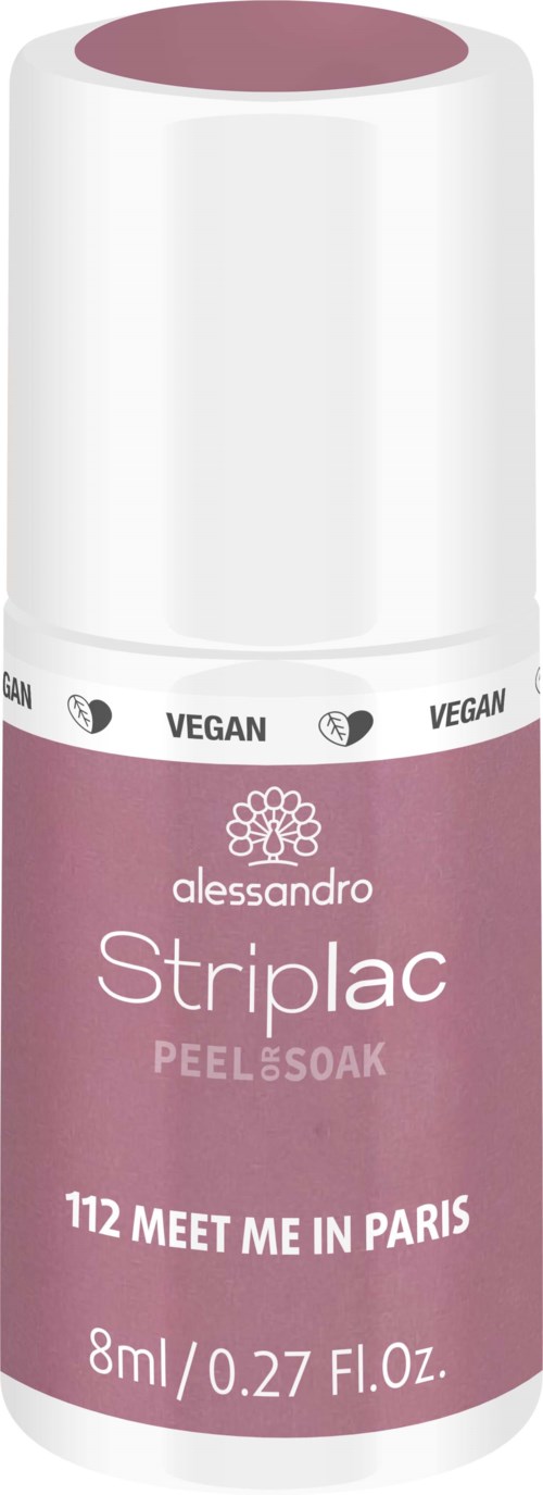 Kleine Flasche mit der Aufschrift 'alessandro Striplac Peel & Soak' mit Größenangabe und veganem Label.