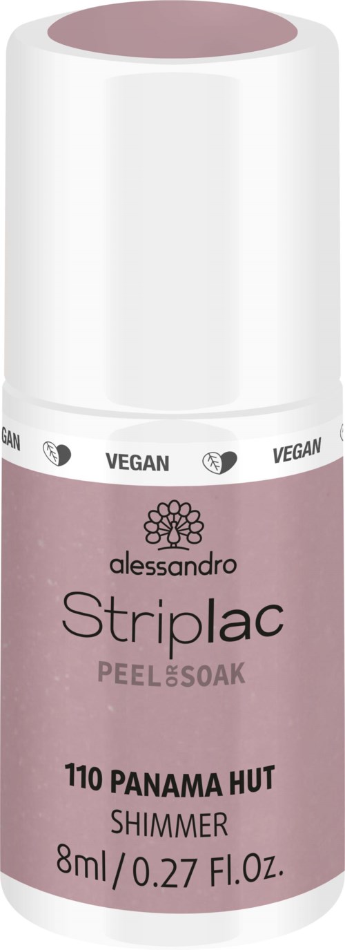 Eine zylindrische Flasche mit weißem Deckel und rosa Etikett. Das Etikett zeigt die Marke "alessandro" und das Produkt "Striplac Peel & Soak."