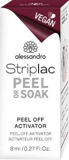 Pudełko na produkty do złuszczania skóry z napisem 'alessandro Striplac Peel & Soak', w bordowym i białym designie.