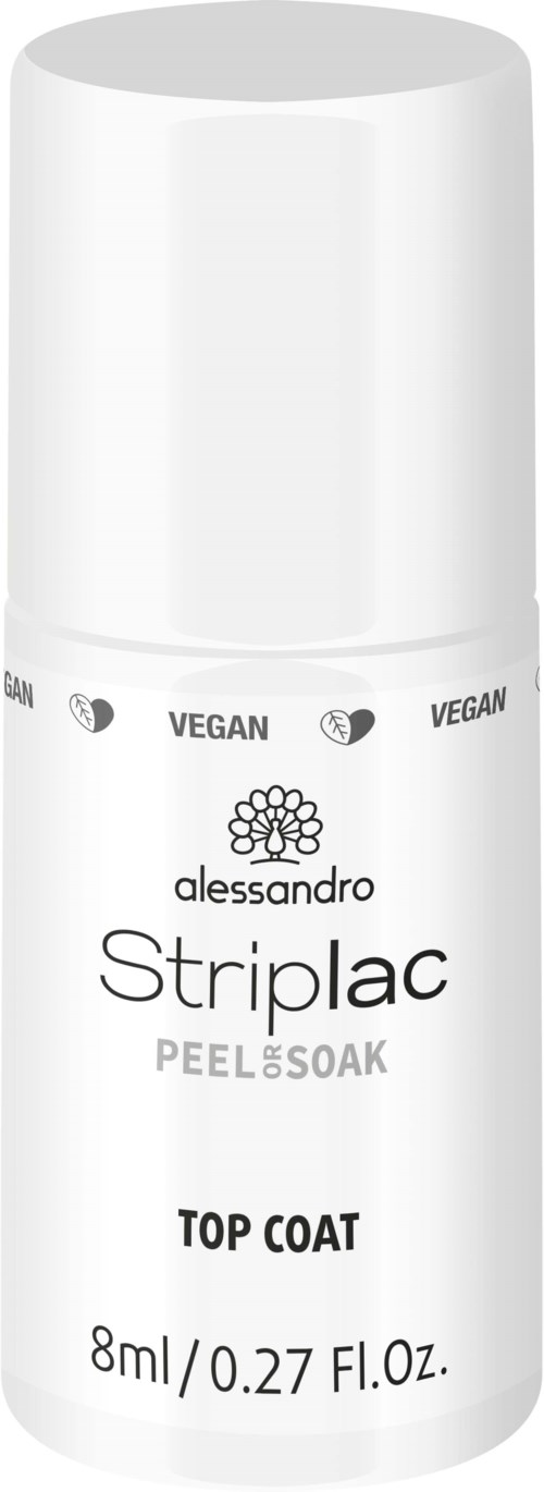 Eine weiße Sprühflasche mit der Aufschrift 'Alessandro Striplac Peel & Soft Top Coat,' veganfreundlich, enthält 8 ml.