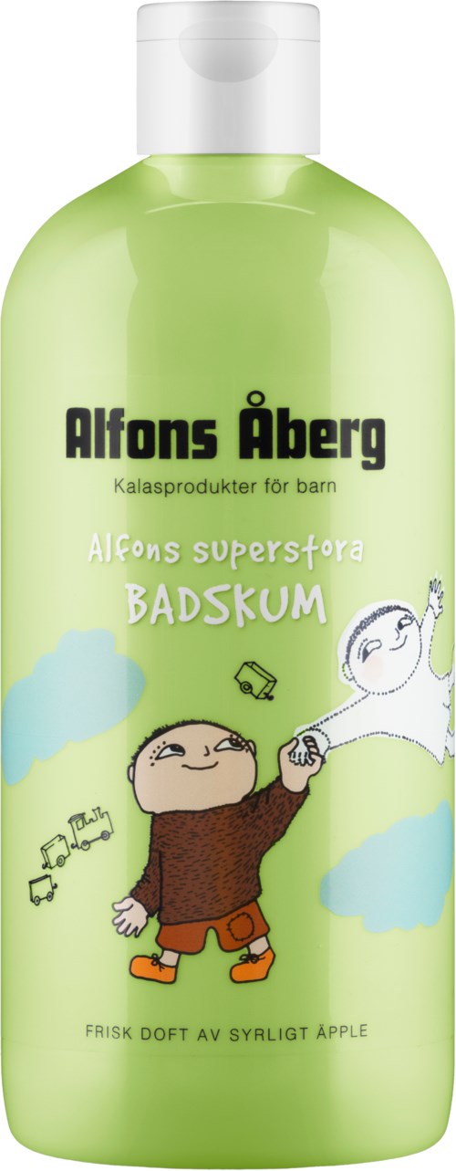 En grønn flaske med tegneserie barn, skyer og tekst om babysalve fra Alfon's Åberg.