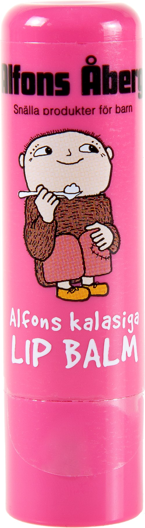 Vaalen huulirasia, jossa on piirros lapsesta syömässä ja ruotsinkielistä tekstiä. Se on lapsille.