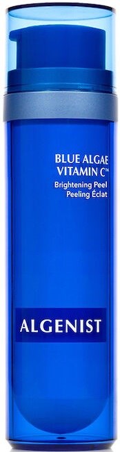 Eine lange blaue Flasche mit Pumpe, beschriftet 'Blue Algae Vitamin C' und 'Algenist'.
