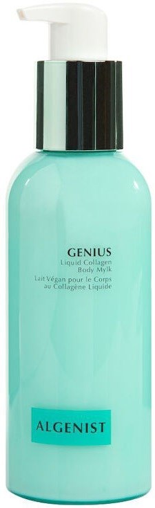 Een lichtblauwe fles met witte pomp, gelabeld met 'Genius Liquid Collagen' en 'Algenist'.