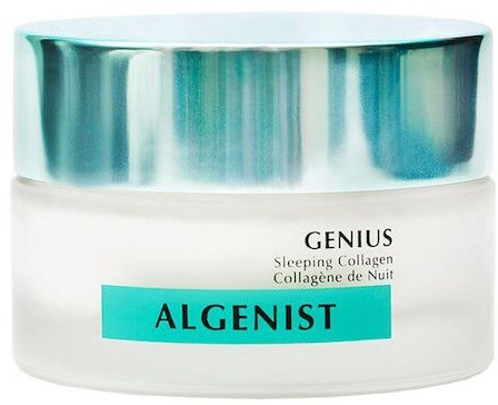Valkoinen purkki, jossa tejalus, lukee "Genius Sleeping Collagen" ja "Algenist."