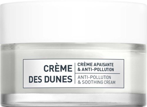 En hvit krukke med beroligende og anti-forurensningskrem kalt Crème des Dunes.