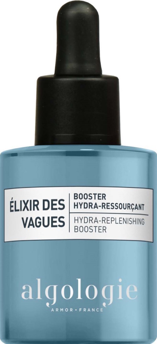 Blå hudvårdsflaska med pipett och etikett som säger 'Elixir des Vagues' och 'Hydra-Replenishing Booster.'
