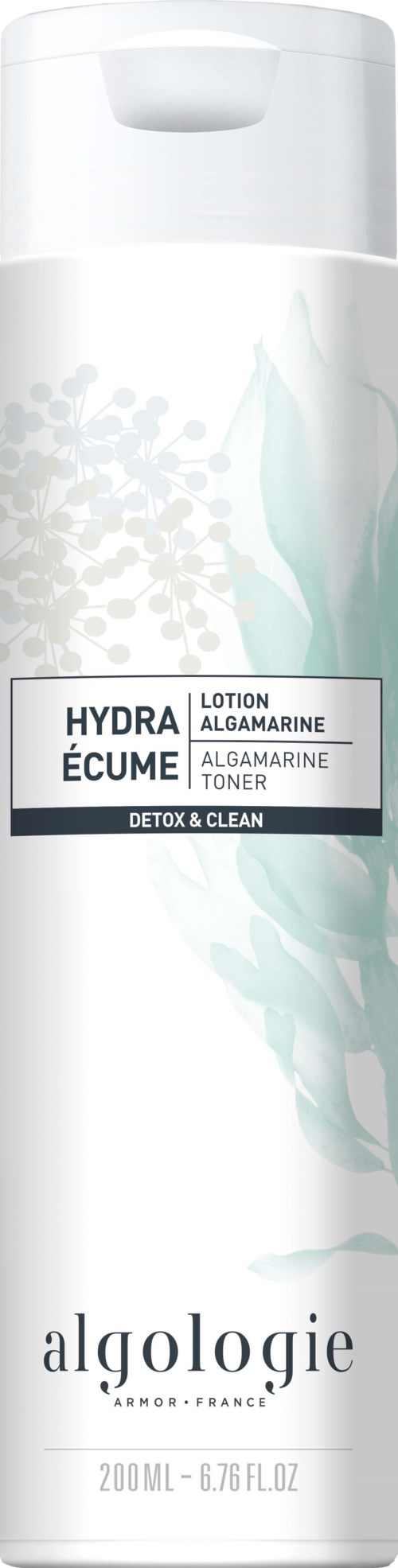 En hvit flaske med hvit lokk merket 'Hydra Écume' med 'Algamarine' og 'Detox & Clean'.