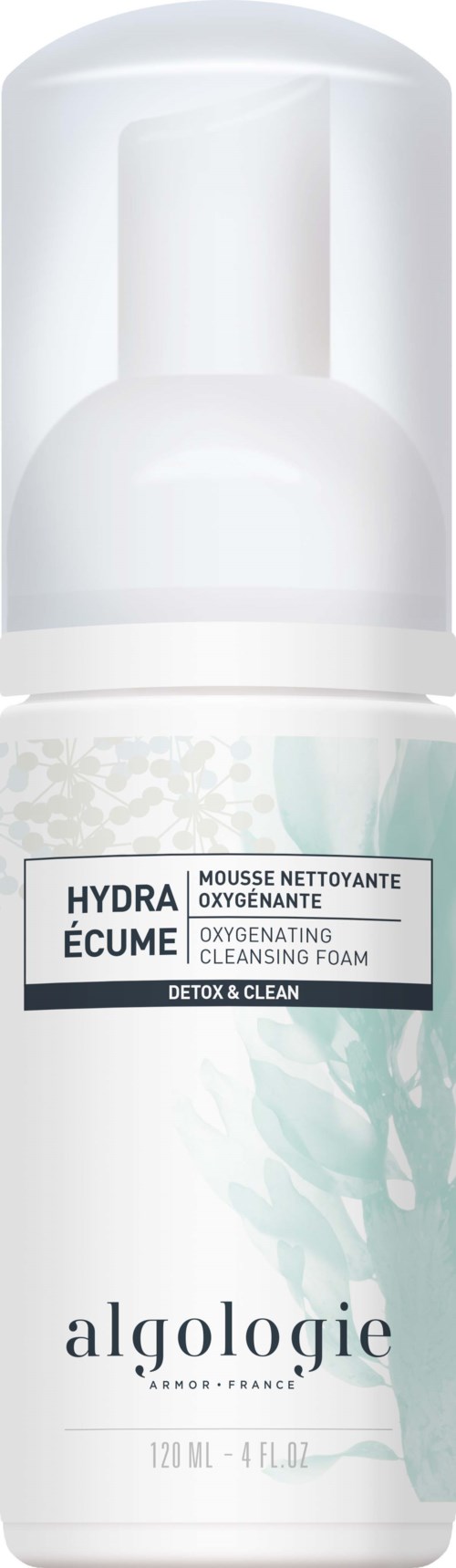 En hvit pumpflaske merket 'Hydra Écume' inneholder oksygenerende rengjøringsskum for detox og ren hud.
