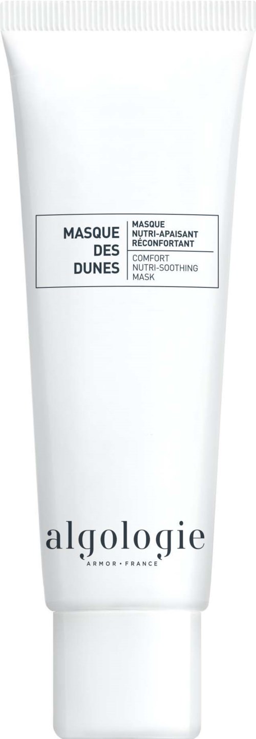 En hvit tube med ansiktsmaske med svart tekst, merket 'Algologie Masque des Dunes' for beroligende og gjenopprettende hud.