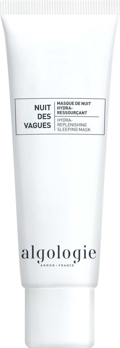 En vit tub med hudvårdsprodukt märkt 'Algologie' med fransk text om nattmask för återfuktning och återfyllning.