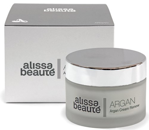En burk med Alissa Beaute Argon Cream med ett silverlock, placerad framför sin låda.