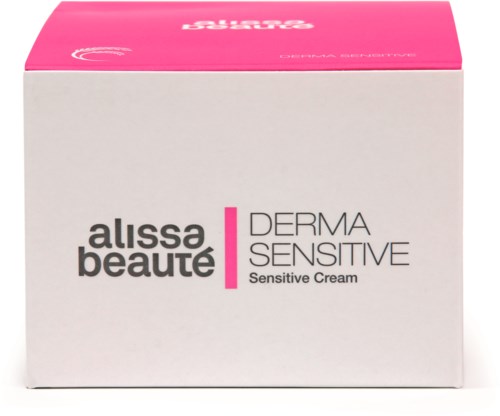 En förpackning av Alisso Beaute Derma Sensitive Sensitive Cream, huvudsakligen vit med en rosa topp, etiketter i svart och rosa text.
