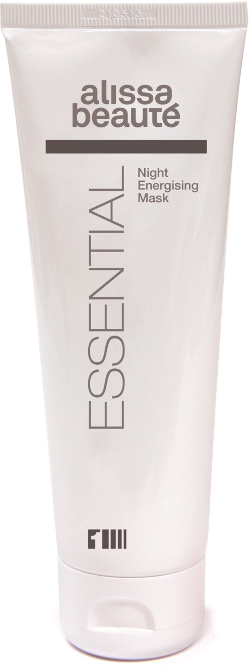 En vit tub märkt 'Alissa Beaute' med 'Night Energising Mask' i svart text och 'ESSENTIAL' skrivet vertikalt.