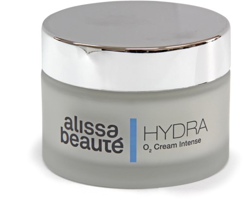 En burk med Alissa Beaute Hydra O₂-kräm med en silverlock och enkel etikett.
