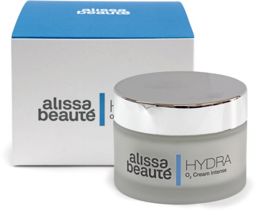 En burk av Alissa Beaute Hydra O2 Cream Intense med en blå och vit låda bakom.