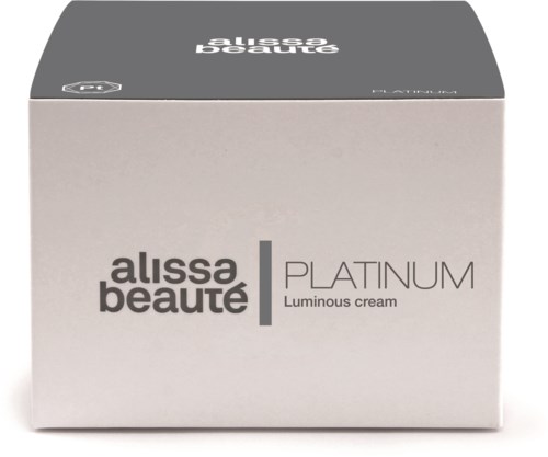 En hvit eske med svart og grå tekst, merket 'alissa beauté PLATINUM Luminous cream.'