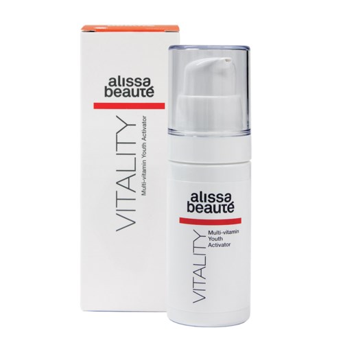 En vit flaska med en genomskinlig cap och en låda bakom, märkt med 'VITALITY' och 'Multivitamin Youth Activator.'