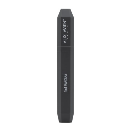 En svart, pennaformad tub märkt 'ALEX AVIEN 3-i-1 MASCARA' med lock upptill.