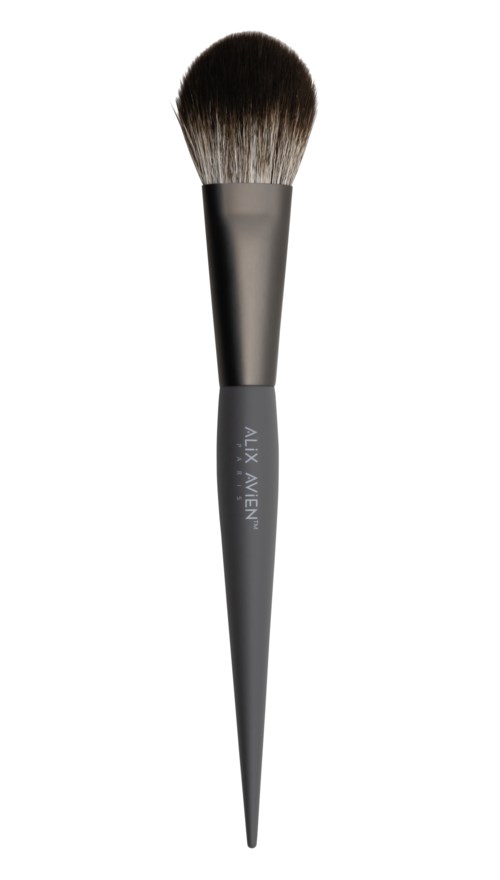 A makeup brush with a pointed end and a gray handle, labeled 'ALEX VINCENT.'