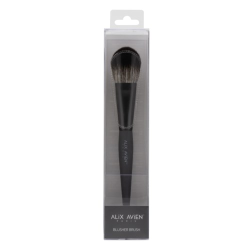 A makeup brush in a clear case with black handle and brown bristles.