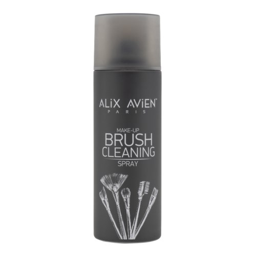 En grå flaska av Alix Avien makeup borstar städning spray med bilder av borstar på den.