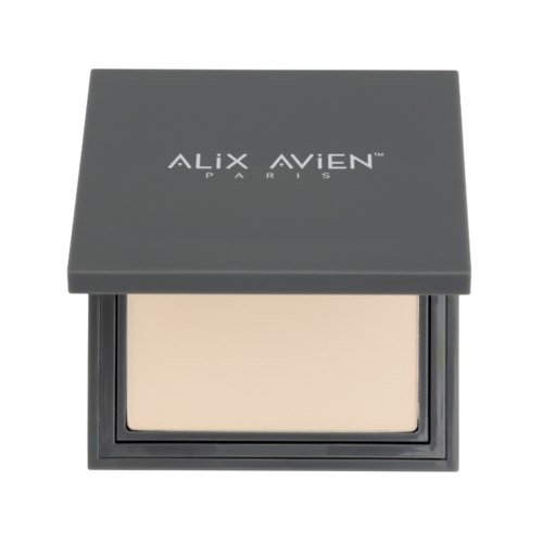 A compact makeup powder case with a black lid, labeled 'ALIX AVIEN PARIS,' mostly closed.