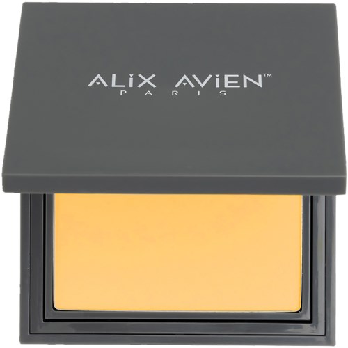A yellow makeup product in a black compact with a closed lid, labeled 'ALIX AVIEN PARIS' on top.
