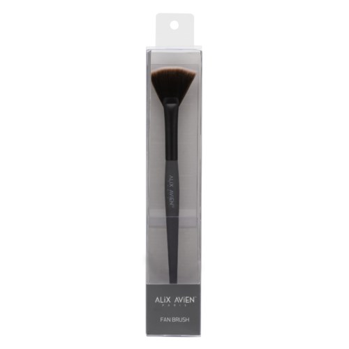 En makeup-borste i en genomskinlig förpackning, med svart handtag och bruna borstar, märkt 'ALIX AVIEN' och 'FAN BRUSH'.