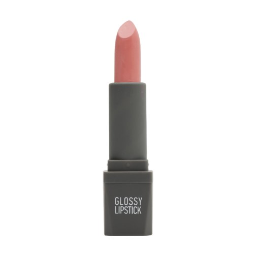 A pink lipstick in a gray case with "GLOSSY LIPSTICK" written on it.