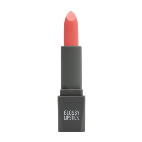 A lipstick with pink color in a gray case labeled 'Glossy Lipstick'.