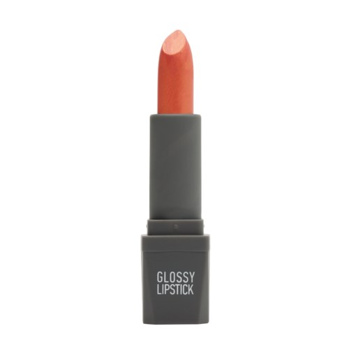 A gray lipstick tube with the words 'GLOSSY LIPSTICK' and a peach-colored lipstick inside.
