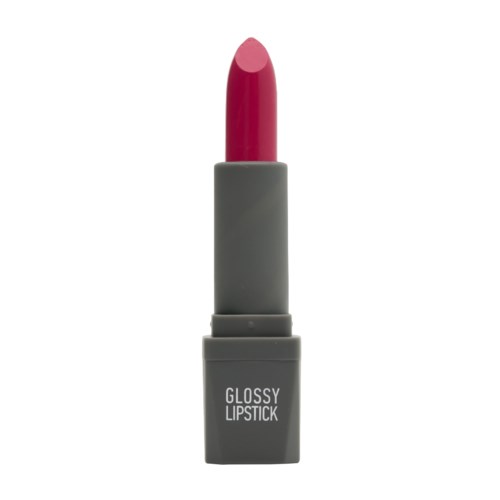 A lipstick with a pink shade in a gray case labeled "Glossy Lipstick."