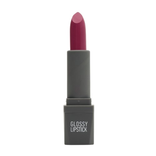 A gray lipstick tube labeled 'GLOSSY LIPSTICK' with pink lipstick inside. The background is white.