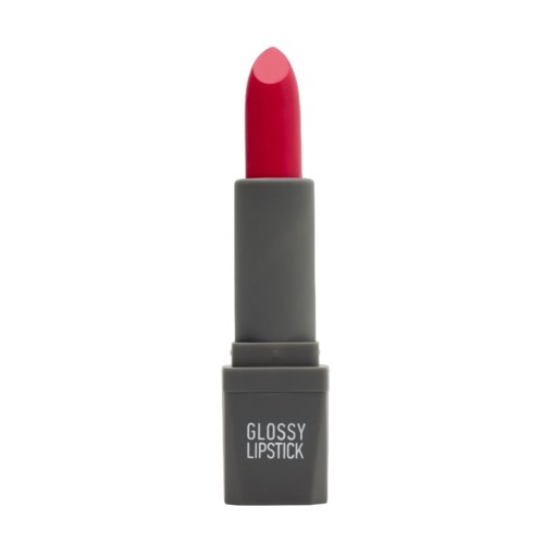 A gray lipstick tube with a red lipstick drawn up, labeled 'GLOSSY LIPSTICK'.
