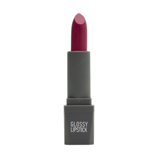 A gray lipstick container with a pink lipstick inside. The words 'GLOSSY LIPSTICK' are written on the container.