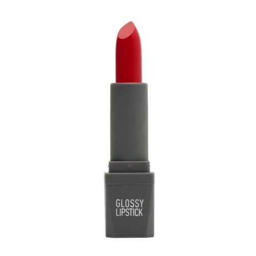 A red lipstick in a gray case with 'Glossy Lipstick' written on it.