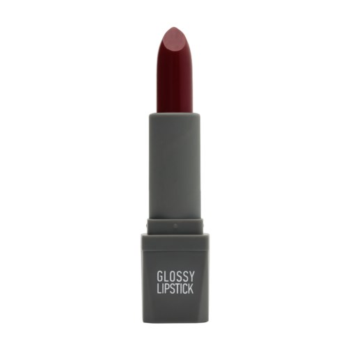 A gray lipstick tube with the words "Glossy Lipstick" is shown. The lipstick is reddish-brown and extended.