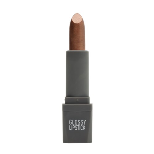 A gray lipstick tube with a brown lipstick showing from the top. The label reads "Glossy Lipstick."