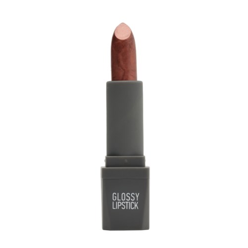 A lipstick with a gray case labeled "Glossy Lipstick" and a light pink color.
