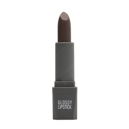 A brown lipstick in a gray case labeled 'Glossy Lipstick'.