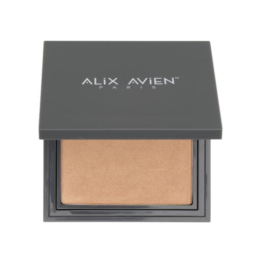 A makeup compact with powder inside, covered by a dark gray lid labeled 'ALIX AVIEN PARIS'.