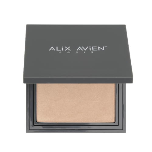 A compact makeup powder in a dark gray case with a lid. The case has the Alix Avien Paris logo.