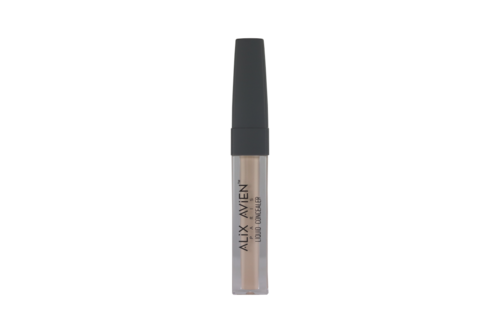 A lip gloss tube with a black cap and transparent body showing beige gloss inside. Brand name Alix Avien is visible.