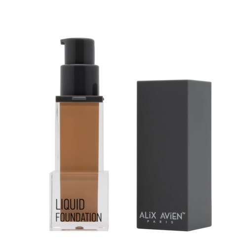 En flaska flytande foundation med svart pump och en lång grå låda bredvid.