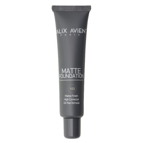 En grå tub märkt 'Alix Avien Paris', för matt foundation, färg 103, med svart lock.