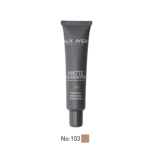 Ett svart foundationrör med etiketten 'Alix Avien Paris Matte Foundation' och produktnummer 103.